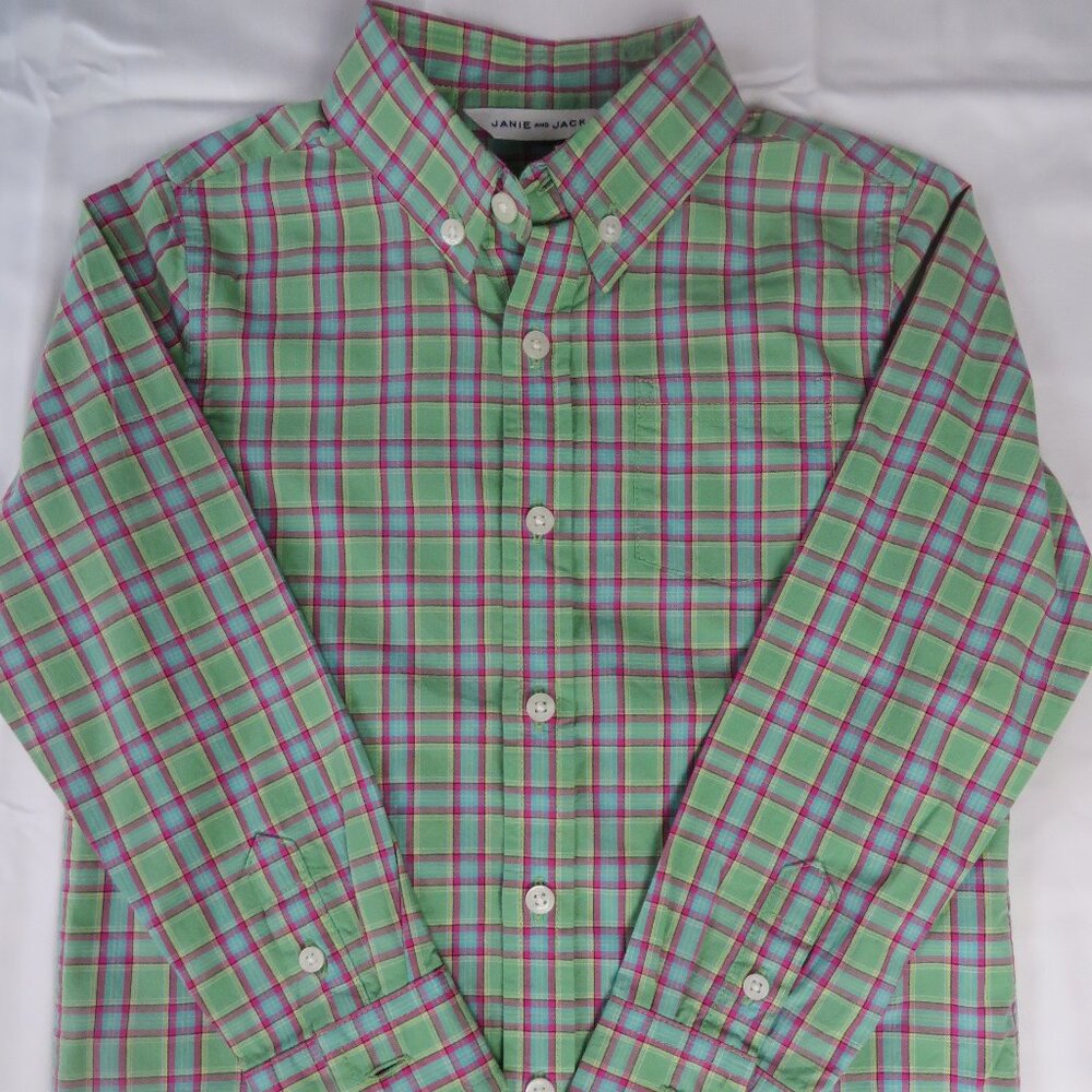 Janie and Jack Kids Button Down | Spring/Summer Collection | Green/Pink | Size 4
